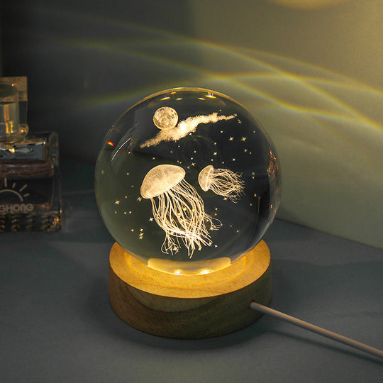 Luminous 3d Ocean Jellyfish Carved Crystal Ball Small Night Lamp