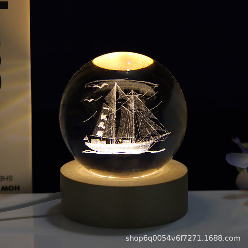 Creative 3D Laser Carved Crystal Ball Bedroom Small Night Lamp